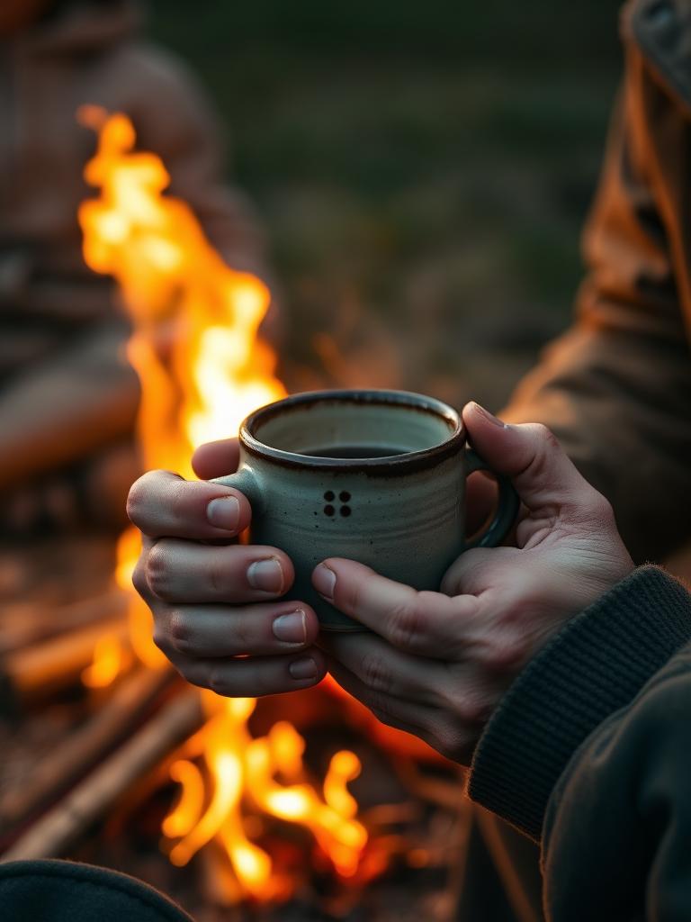 Hands holding coffee by campfire