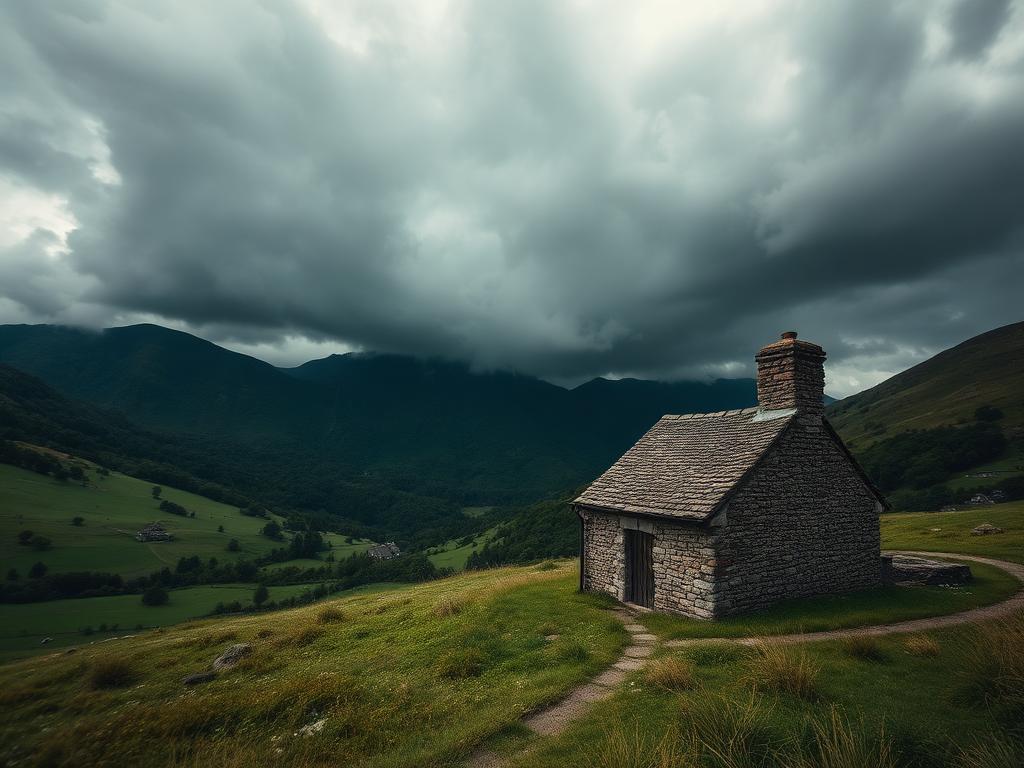 Stone cottage in green valley