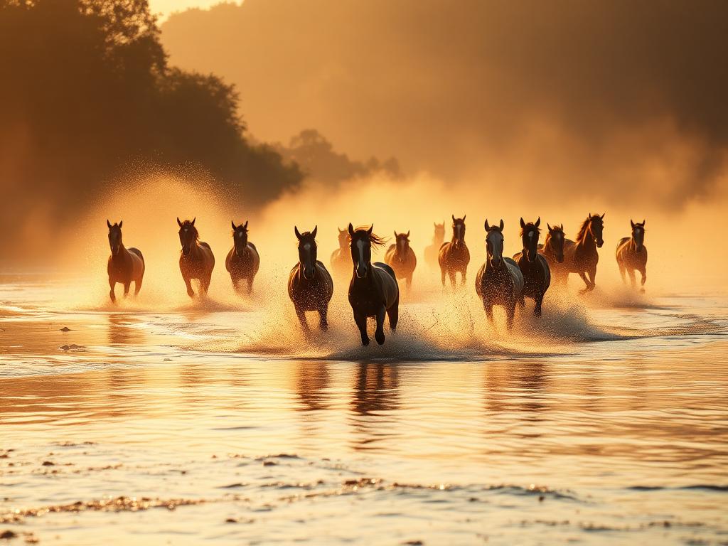 Wild horses running through river