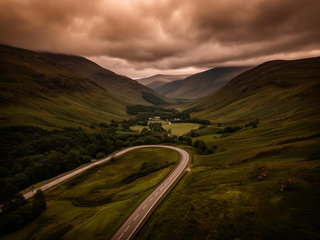 Winding road through highland valley