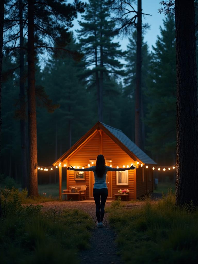 Woman at forest cabin at dusk