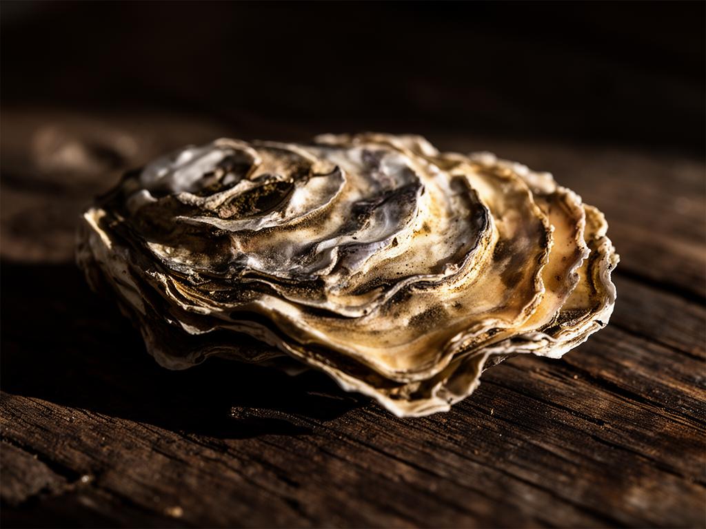 Oyster shell on rustic wood