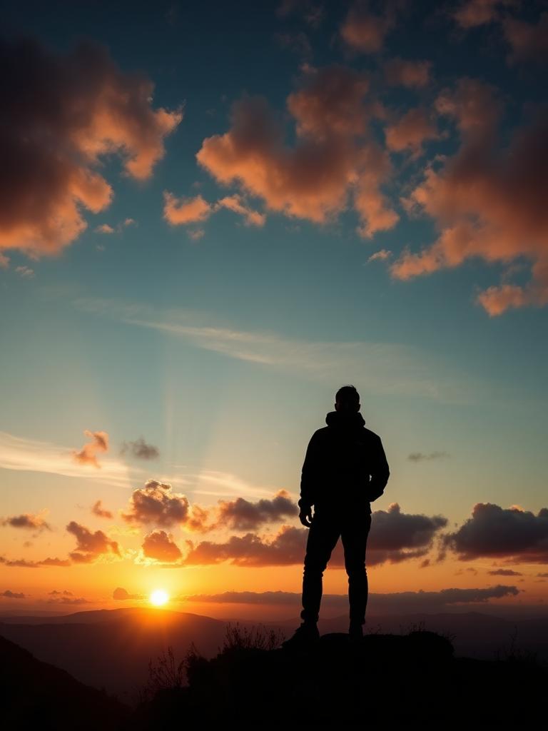 Silhouette on mountain ridge at sunrise