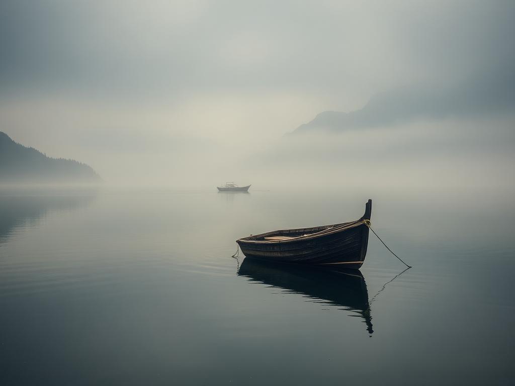 Wooden boat on misty lake
